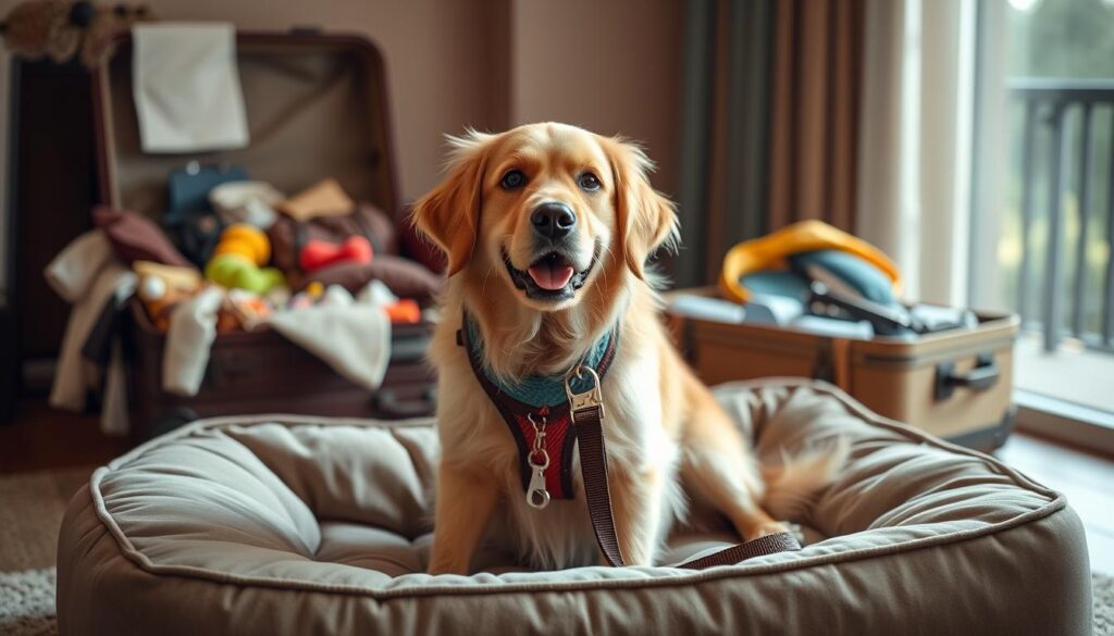 Dog preparing for luxury dog friendly holidays Dog preparing for luxury dog friendly holidays