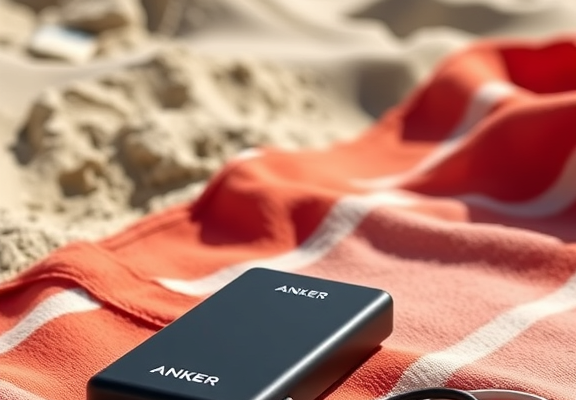 Anker PowerCore 10000 Portable Charger – Beach towel outdoor charging shot