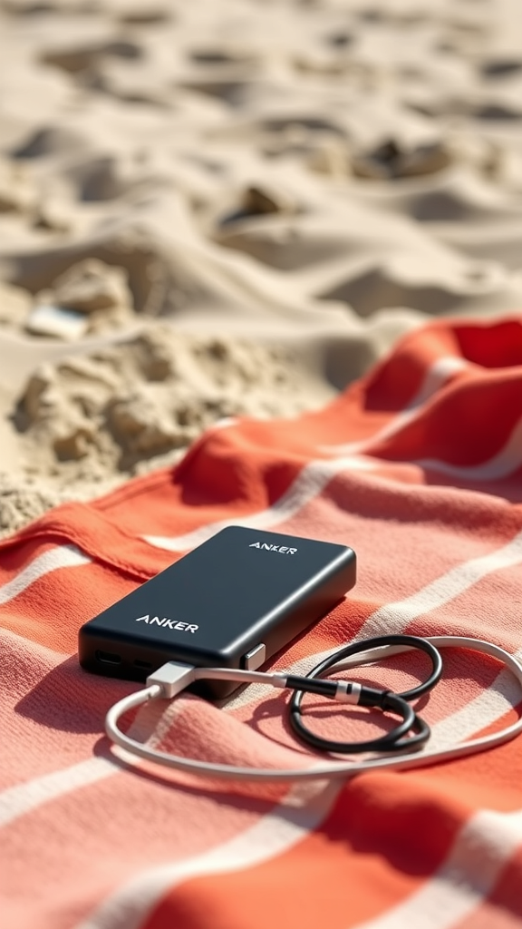 Anker PowerCore 10000 Portable Charger – Beach towel outdoor charging shot
