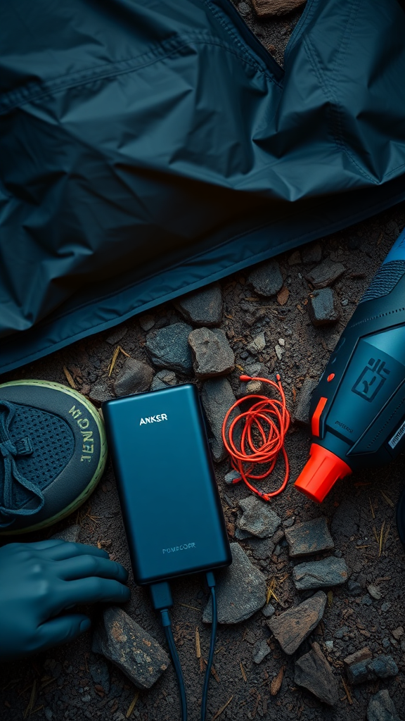Anker PowerCore 10000 Portable Charger – Camping tent gear flatlay