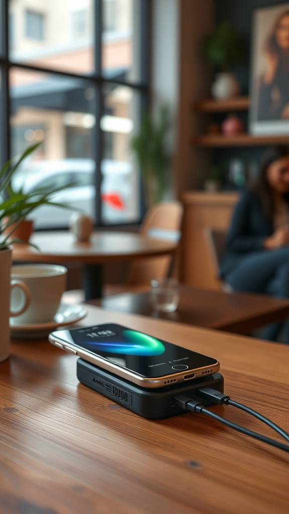 Anker PowerCore 10000 Portable Charger – Charging phone in café setting