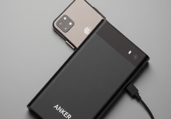 Anker PowerCore 10000 Portable Charger – Flatlay with smartphone and USB-C cable