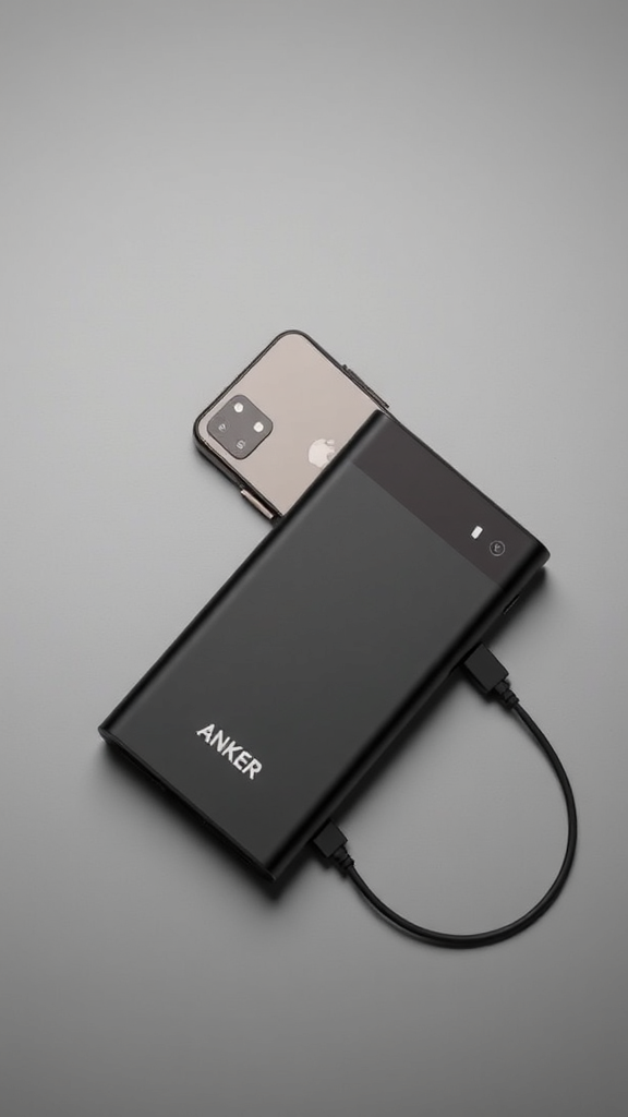 Anker PowerCore 10000 Portable Charger – Flatlay with smartphone and USB-C cable