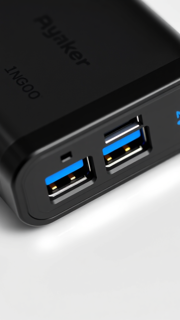 Anker PowerCore 10000 Portable Charger – Macro close-up of USB-C & USB-A ports