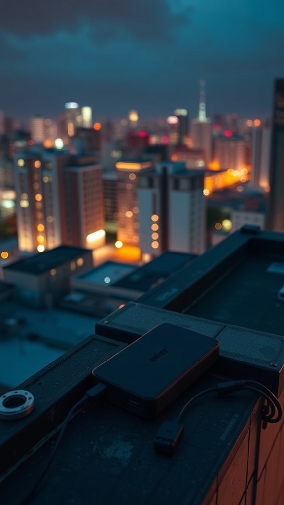 Anker PowerCore 10000 Portable Charger – Nighttime city rooftop use
