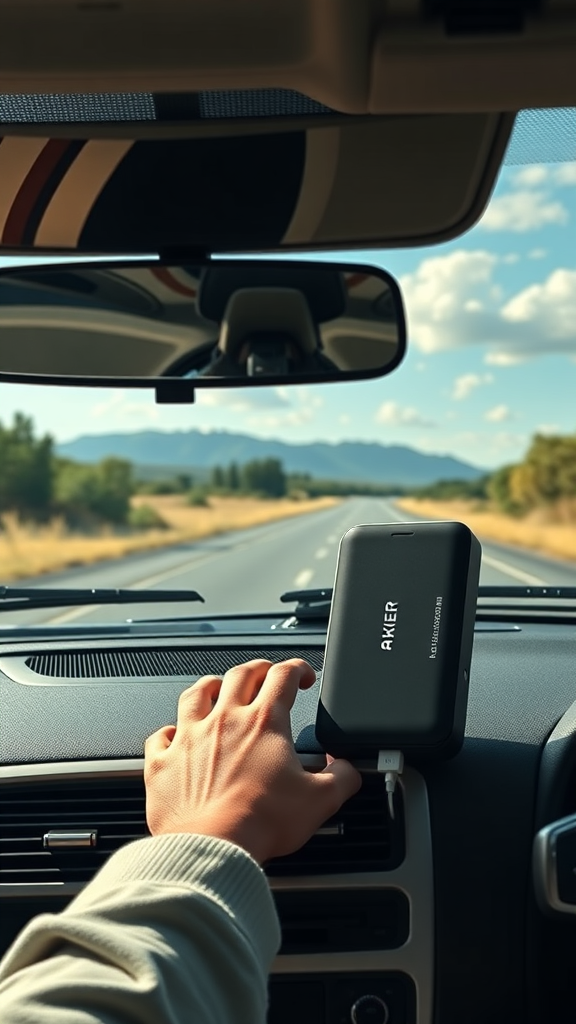 Anker PowerCore 10000 Portable Charger – Road trip car dashboard scene