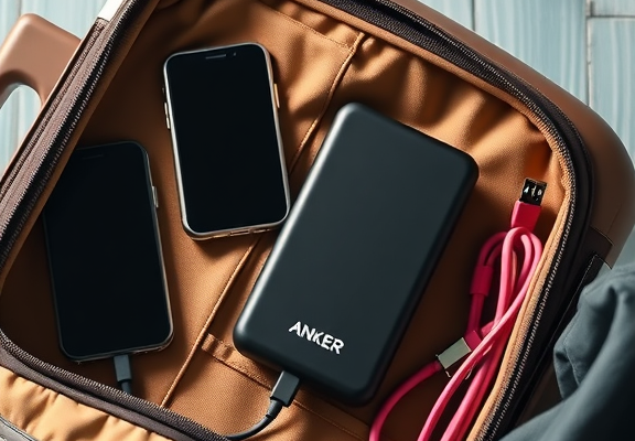 Anker PowerCore 10000 Portable Charger – Travel suitcase organizer flatlay
