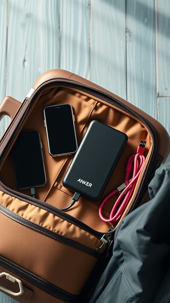 Anker PowerCore 10000 Portable Charger – Travel suitcase organizer flatlay
