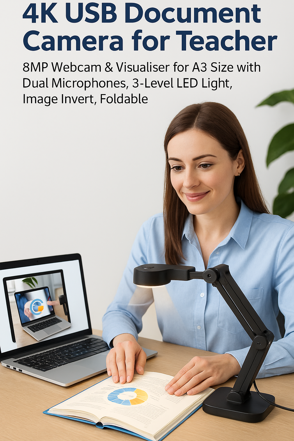 IPEVO V4K USB Document Camera – 8 MP Sony Sensor & Multi-Joint Stand for Webinars