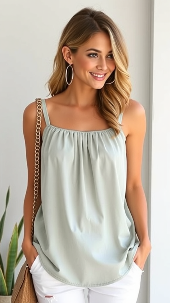 Saloogoe Summer Tank Tops for Women Loose Fit Pleated Square Neck Sleeveless Tops Curved Hem Flowy