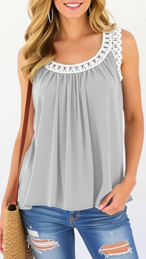 Saloogoe Summer Tank Tops for Women Loose Fit Pleated Tunics Scoop Neck Sleeveless Lace Tops Curved