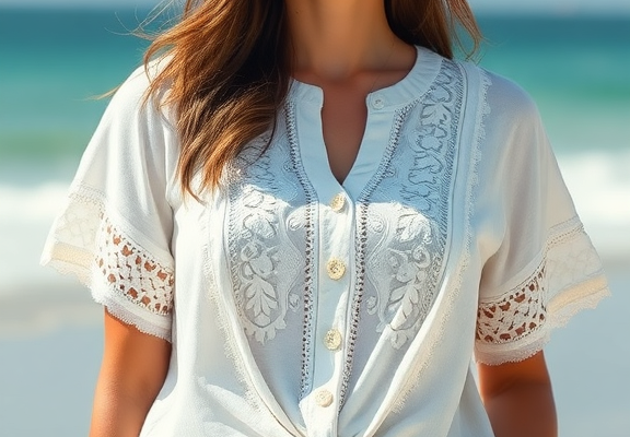 Trendy Queen Tie-Front Top – Women’s Short Sleeve Eyelet Embroidered Blouse for Summer Beach Vacay
