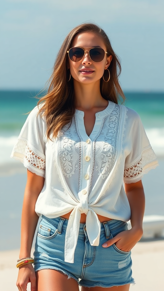 Trendy Queen Tie-Front Top – Women’s Short Sleeve Eyelet Embroidered Blouse for Summer Beach Vacay