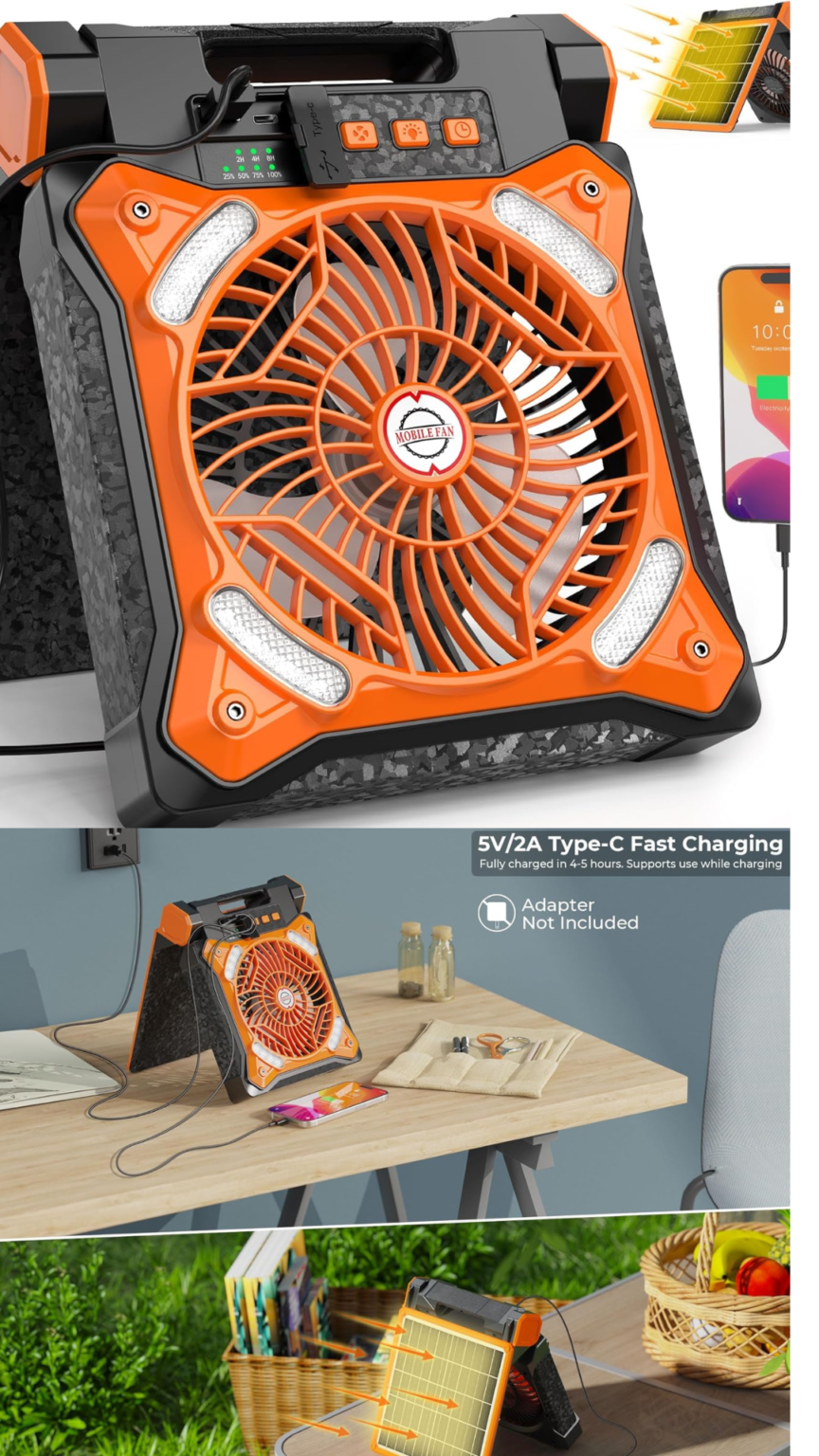 20000mAh Solar Fan & Portable Camping Fan with Lantern Rechargeable Battery Operated, 20H Run