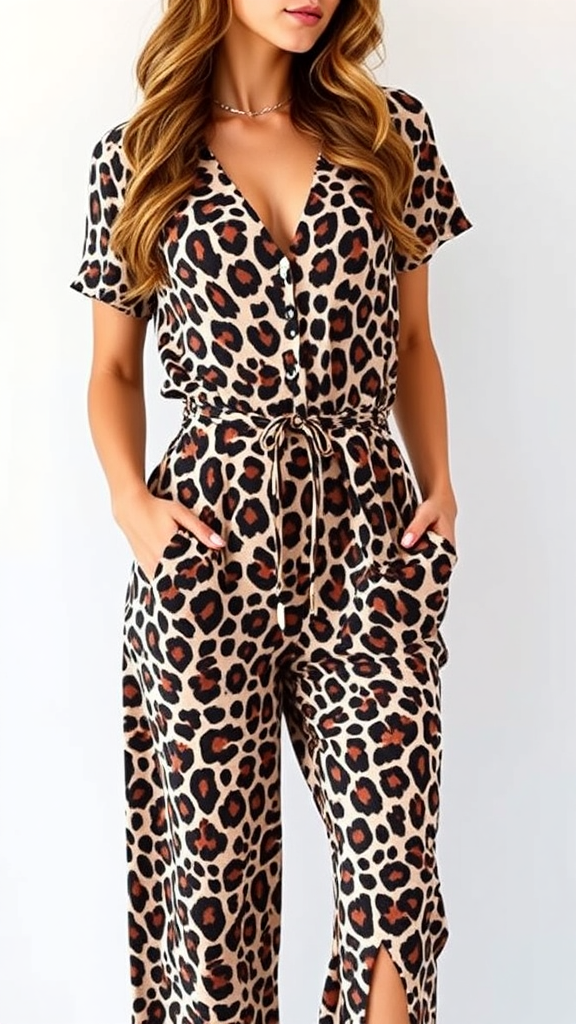 CUPSHE Women’s Lace-Up Leopard Print Romper – Short Sleeve Wide-Leg Jumpsuit