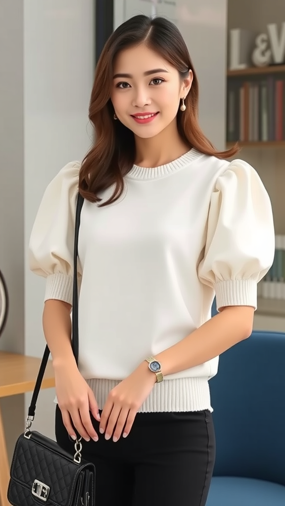 WIHOLL Women’s Puff Sleeve Sweater – Short Sleeve Spring/Summer Work Top 2025