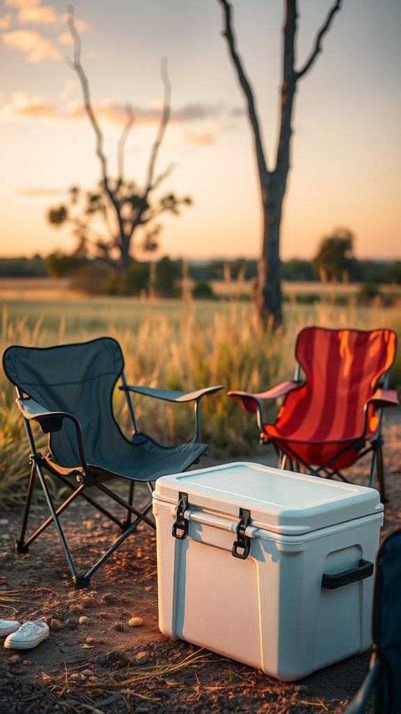 👉 Opt for low-center-of-gravity “small coolers” paired with foldable camping chairs