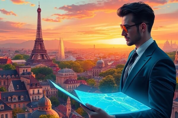 Vibrant Paris cityscape with Eiffel Tower, Louvre, and secret gardens framing a traveler using a glowing 3-day itinerary for top attractions and hidden gems.