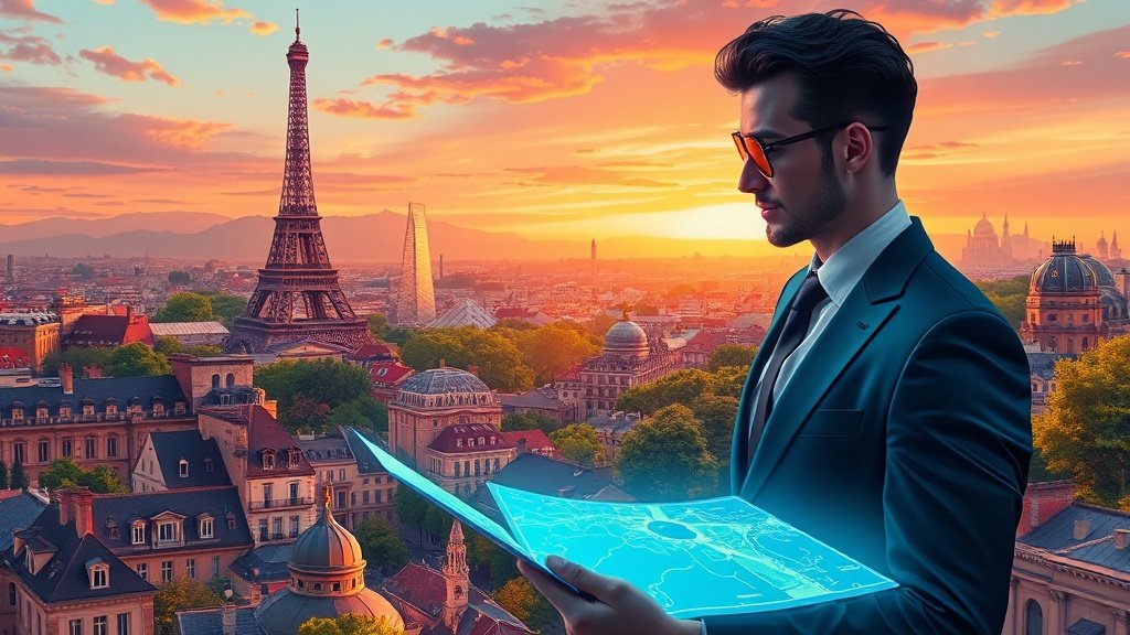 Vibrant Paris cityscape with Eiffel Tower, Louvre, and secret gardens framing a traveler using a glowing 3-day itinerary for top attractions and hidden gems.