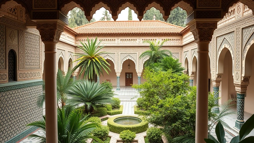 Intricate tile work and lush gardens of Bahia Palace in Marrakech
