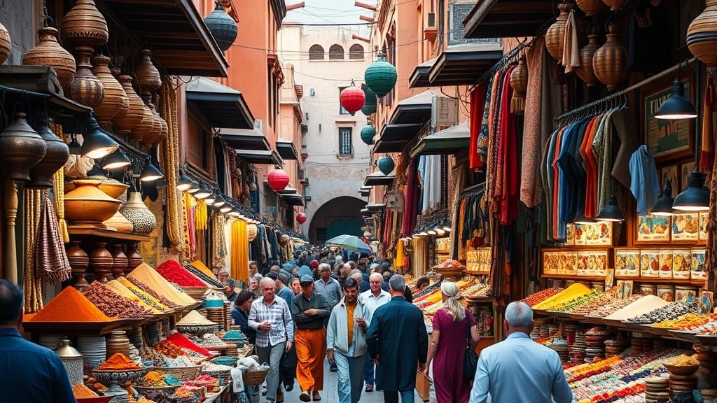 Bustling souk market in Marrakech with colorful stalls and shoppers