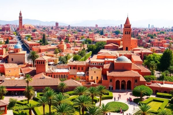 Panoramic view of Marrakech's iconic landmarks, souks, and gardens