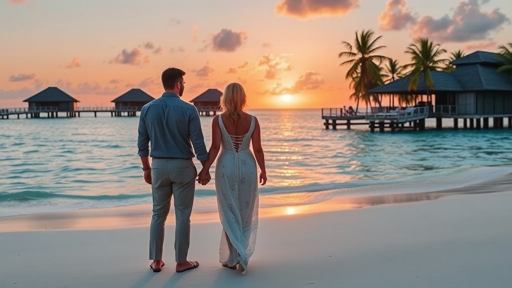 Couple enjoying romantic sunset beach scene with overwater villas in Maldives luxury destination