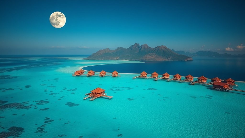 Aerial view of Bora Bora luxury overwater bungalows in crystal-clear lagoon