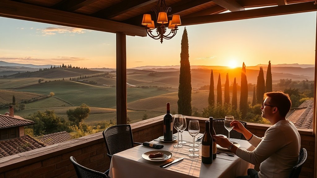 Luxury villa surrounded by vineyards in Tuscany countryside at sunset