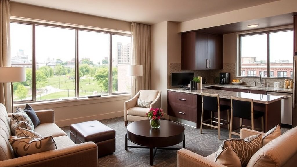 Spacious family-friendly hotel suite in Midtown Memphis with kitchenette and large windows overlooking nearby attractions.