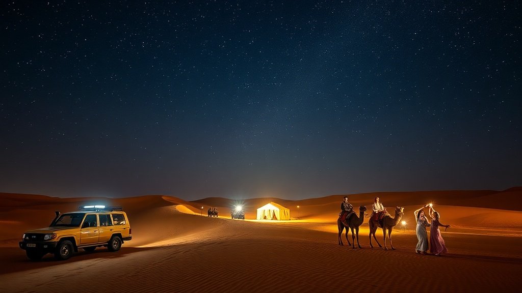 Tourists enjoying a night desert safari in Dubai with dune bashing, camel rides, and traditional entertainment under a starry sky