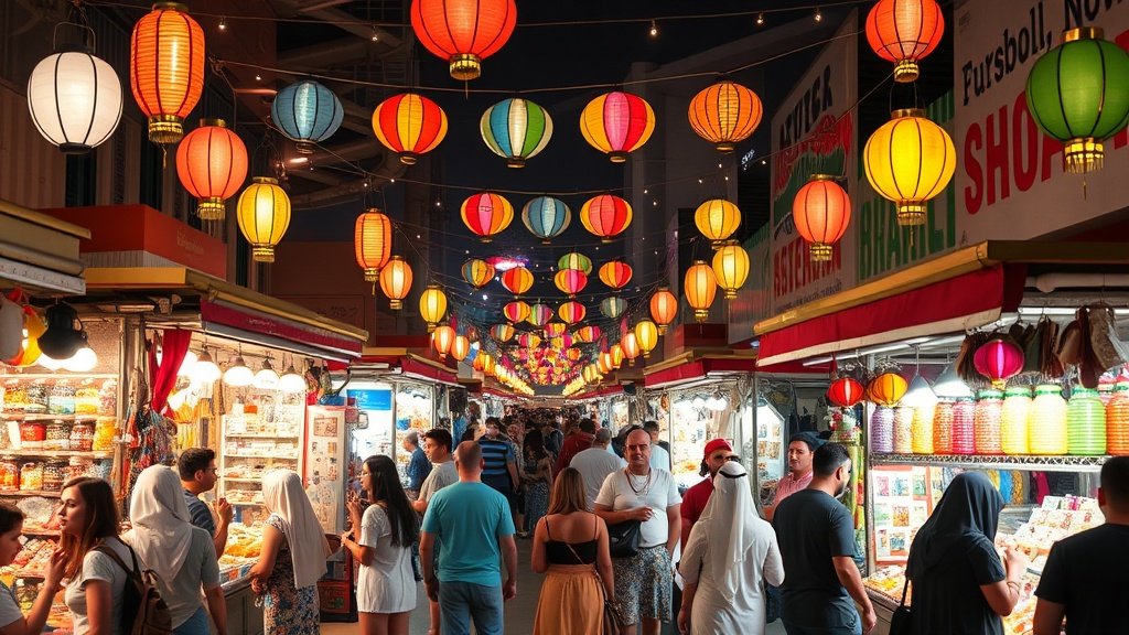 Colorful night market in Dubai featuring local food stalls, crafts, and cultural performances under festive lighting
