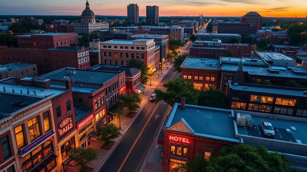 Aerial view of Midtown Memphis neighborhood with historic and modern buildings, tree-lined streets, and illuminated local businesses.